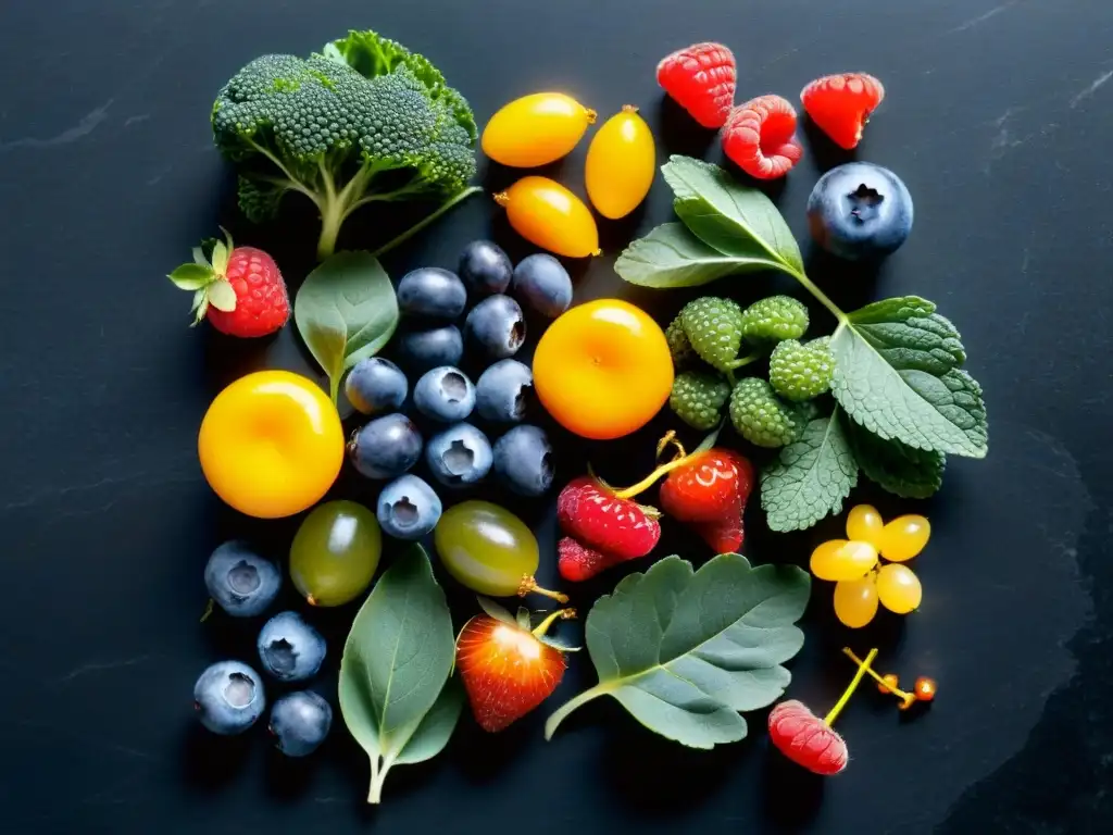 Patrón simétrico de superalimentos vibrantes en tablero de mármol negro Una composición vibrante de superalimentos en un elegante tablero de mármol negro