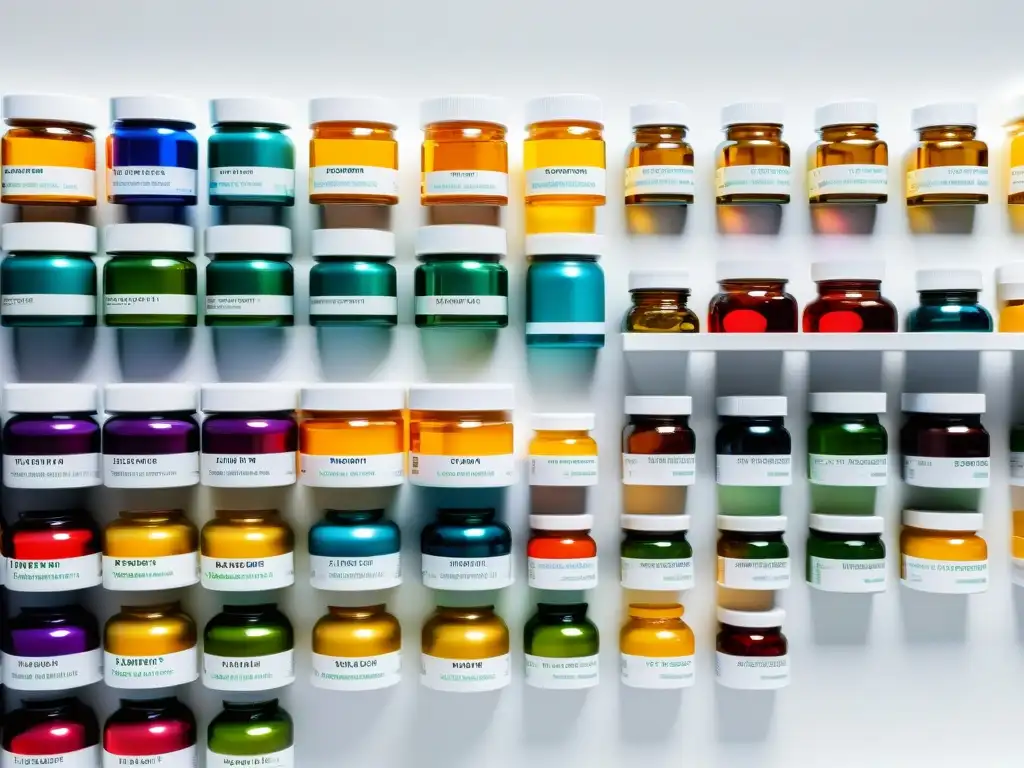 Vitaminas y suplementos: precisión y color Una composición vibrante de suplementos para metabolismo óptimo organizados con precisión en una superficie blanca minimalista