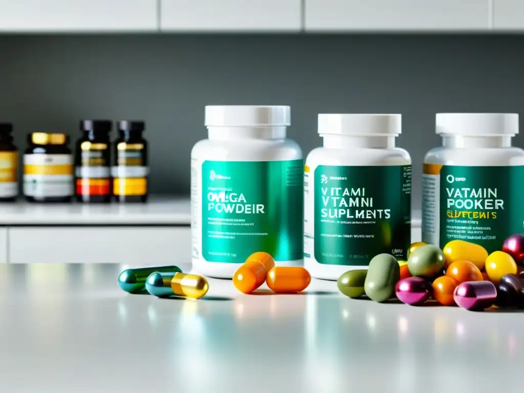Suplementos nutricionales premium en un ambiente moderno y saludable Una composición vibrante de suplementos nutricionales para mejorar enfoque, en un elegante mostrador blanco con iluminación suave y natural