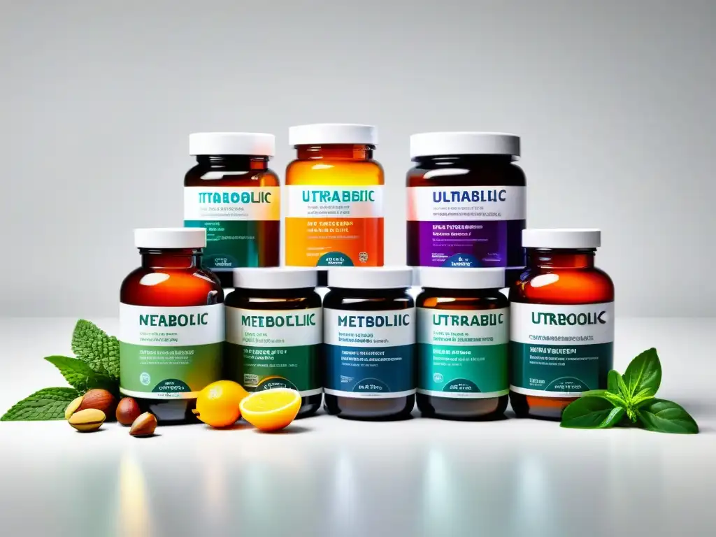 Suplementos Metabólicos: Elegancia Saludable Una composición visual elegante y saludable de suplementos para optimización metabólica, rodeada de ingredientes frescos y coloridos