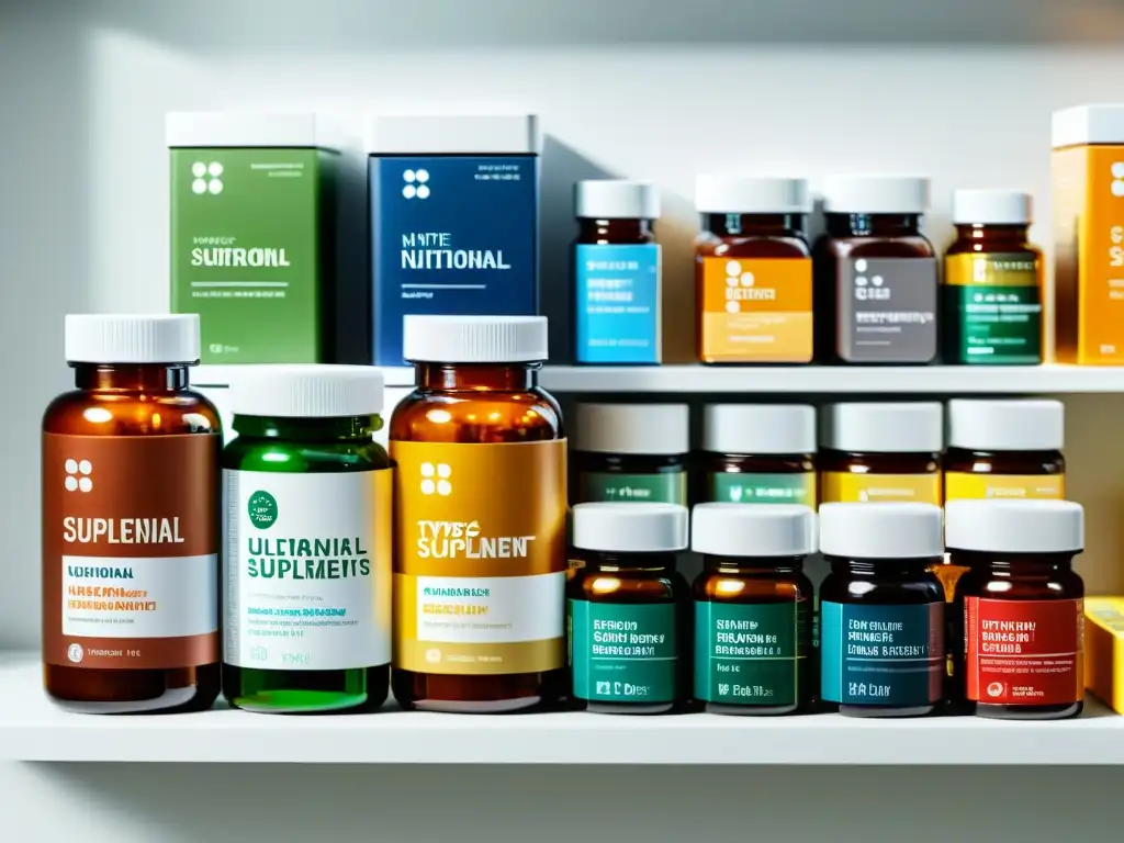 Suplementos Nutricionales: Diversidad Detallada Una composición visual impactante de suplementos nutricionales deportivos, organizados con detalle en un elegante mostrador blanco