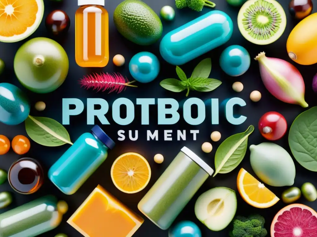 Suplementos Probióticos y Alimentos Prebióticos: Vibrante Composición Una composición visual impresionante de suplementos innovadores para microbiota y alimentos prebióticos, con colores vibrantes y texturas variadas