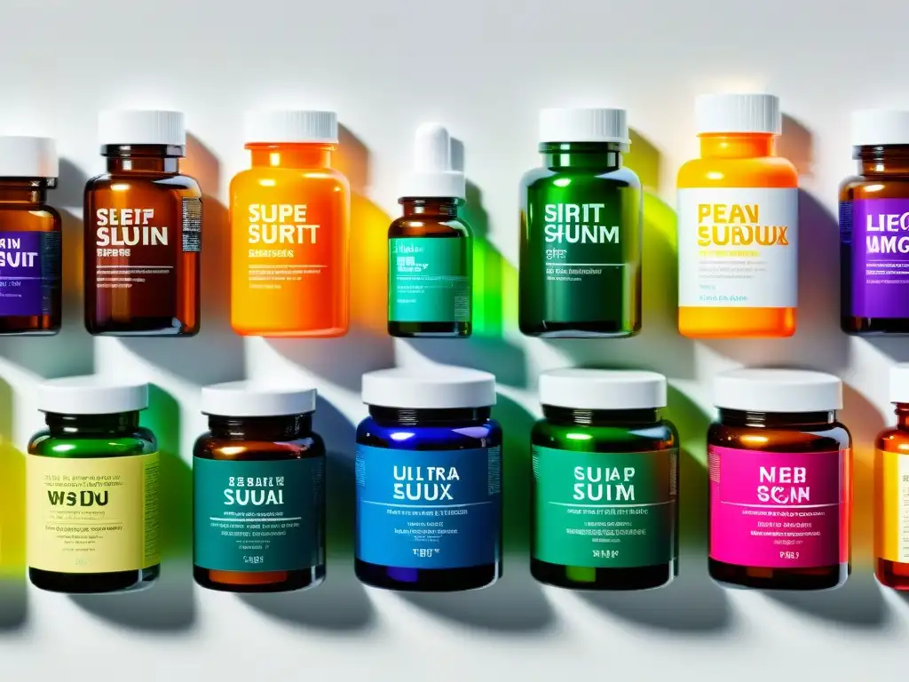 Suplementos masculinos: colores vibrantes en composición moderna Una composición visual de suplementos coloridos en un elegante fondo blanco