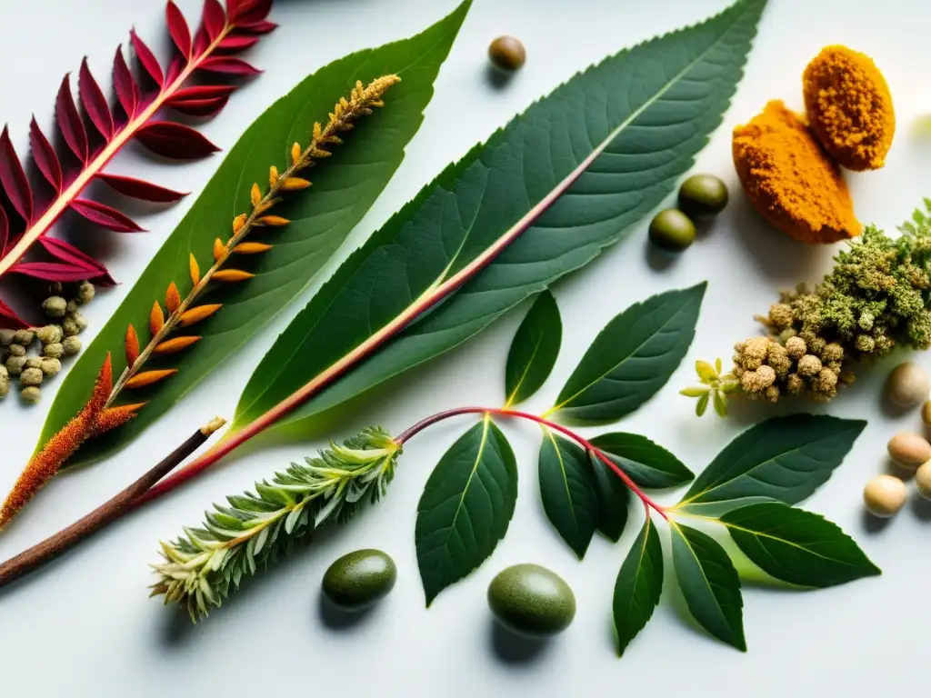 Vibrante energía: adaptógenos en detalle Una composición vital de hierbas y suplementos adaptógenos, con colores vibrantes y texturas detalladas