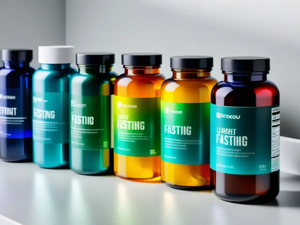 Suplementos para ayuno intermitente: Elegancia y eficacia Un conjunto de suplementos para potenciar ayuno intermitente, organizados en un elegante mostrador blanco con iluminación suave