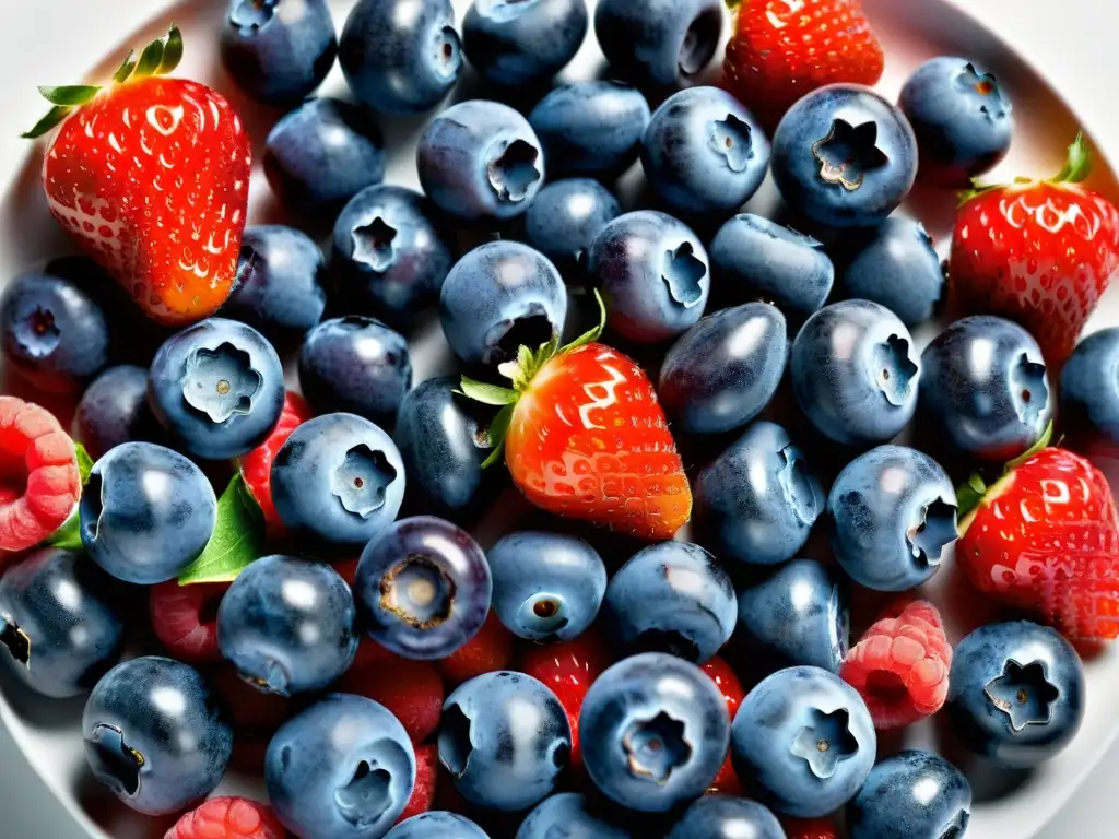 Frescura vibrante: Bayas antioxidantes en plato blanco Un conjunto vibrante de frutas antioxidantes en un elegante plato blanco