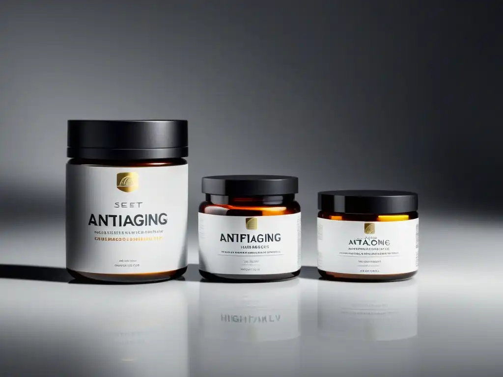 Dos conjuntos de suplementos antienvejecimiento premium y convencionales, dispuestos en una superficie blanca elegante