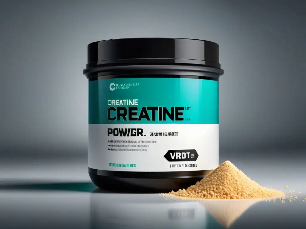 Creatina en polvo de calidad premium, derramada sobre superficie blanca Contenedor moderno de creatina en polvo derramándose sobre una superficie blanca, con iluminación suave y diseño profesional