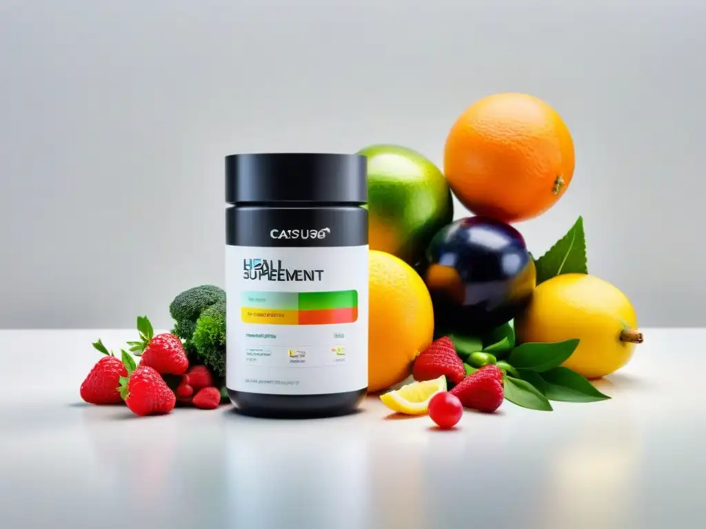 Suplementos inteligentes: tecnología y salud Un contenedor de suplementos inteligentes con comunicación rodeado de frutas y verduras frescas, mostrando tecnología de vanguardia