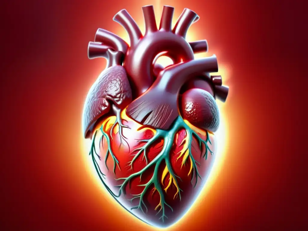 Corazón humano rojo bañado en luz dorada: vitalidad y vitamina D Un corazón humano rojo vibrante bañado en cálida luz dorada, destacando la conexión vital entre la vitamina D y la salud del corazón