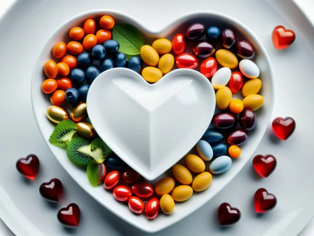 Suplementos para el corazón: Detalles en 8k Un corazón de suplementos cardiosaludables con vitaminas, omega-3 y fibra en un plato blanco, transmitiendo salud y juventud