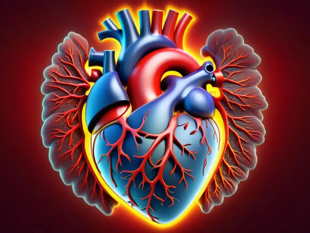 Corazón vibrante: impacto del Coenzima Q10 en la salud cardiovascular Un corazón vibrante rodeado de vasos sanguíneos detallados, muestra los beneficios de la coenzima Q10 para el corazón