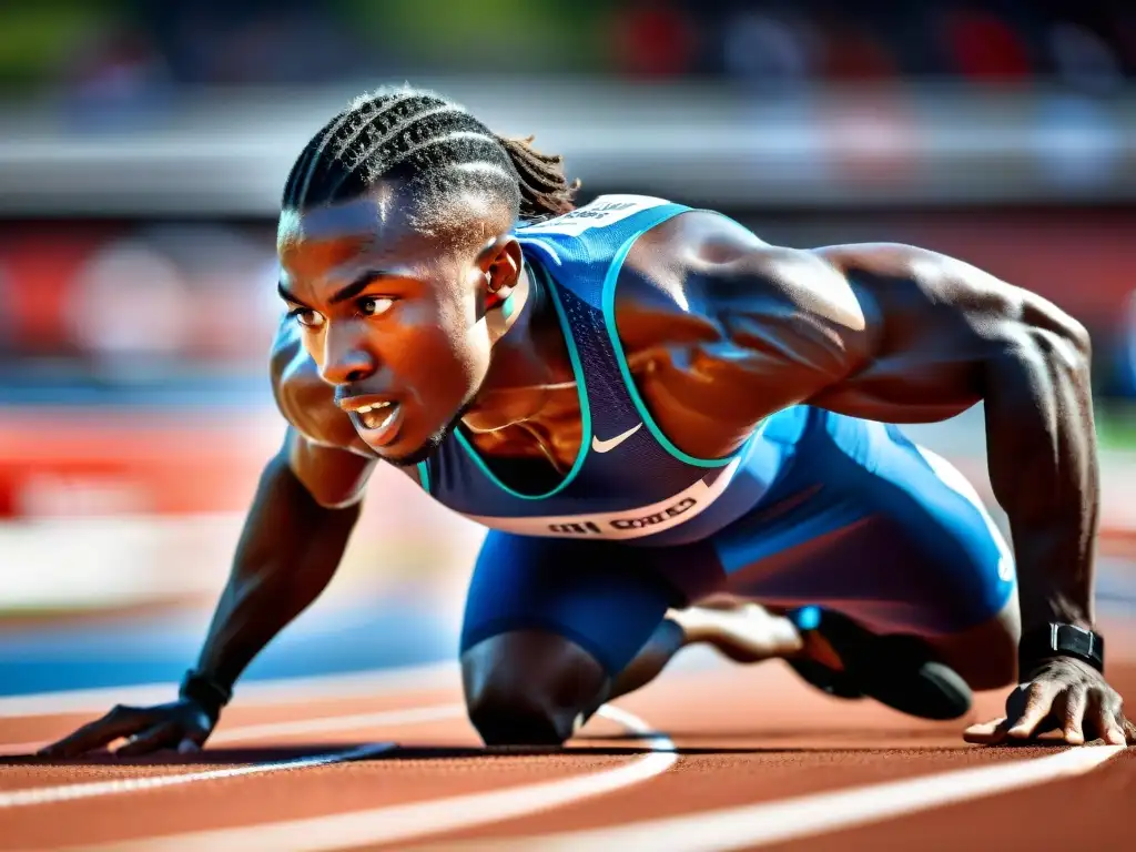 Corredor en pista con determinación, músculos brillantes, reflejando los beneficios de los aminoácidos no esenciales en el rendimiento atlético