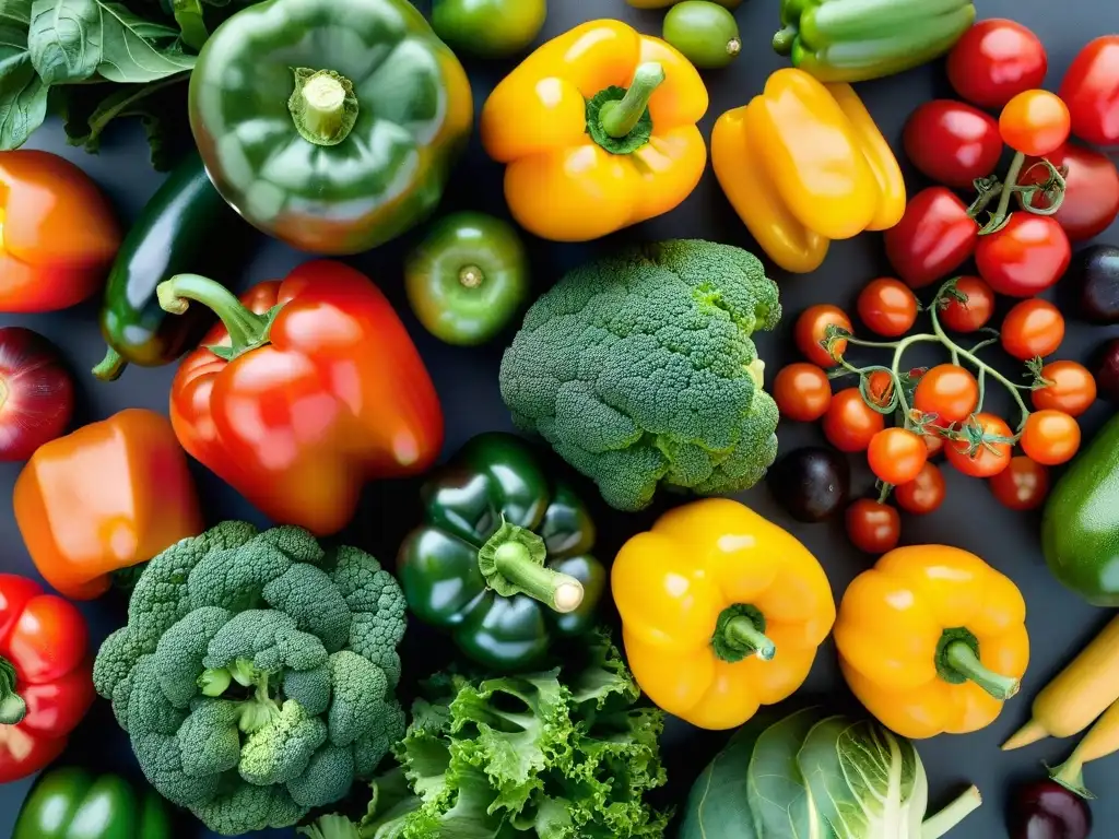 Vibrante cosecha de frutas y verduras: frescura y vitalidad Una cosecha vibrante de frutas y verduras frescas, aliados contra colesterol alto con fibras vegetales, mostrando vitalidad y bienestar