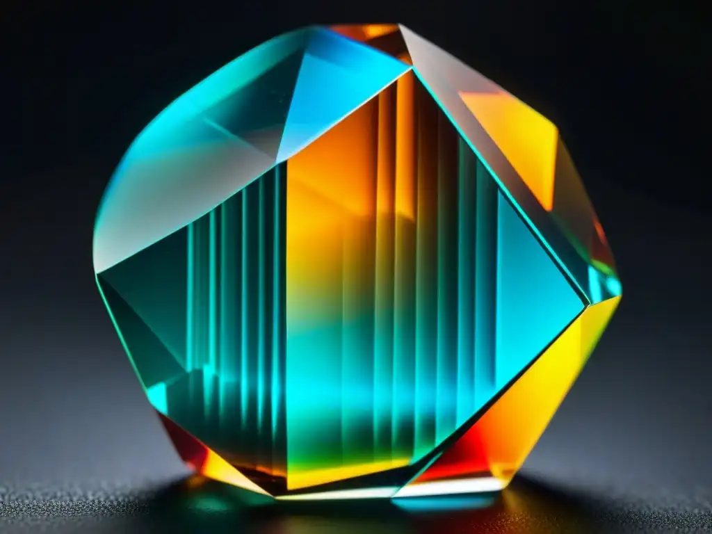 Brillante lantano: estructura cristalina detallada en primer plano Un cristal de lantano deslumbrante con beneficios terapéuticos, muestra su estructura geométrica y colores vibrantes en contraste con un fondo oscuro