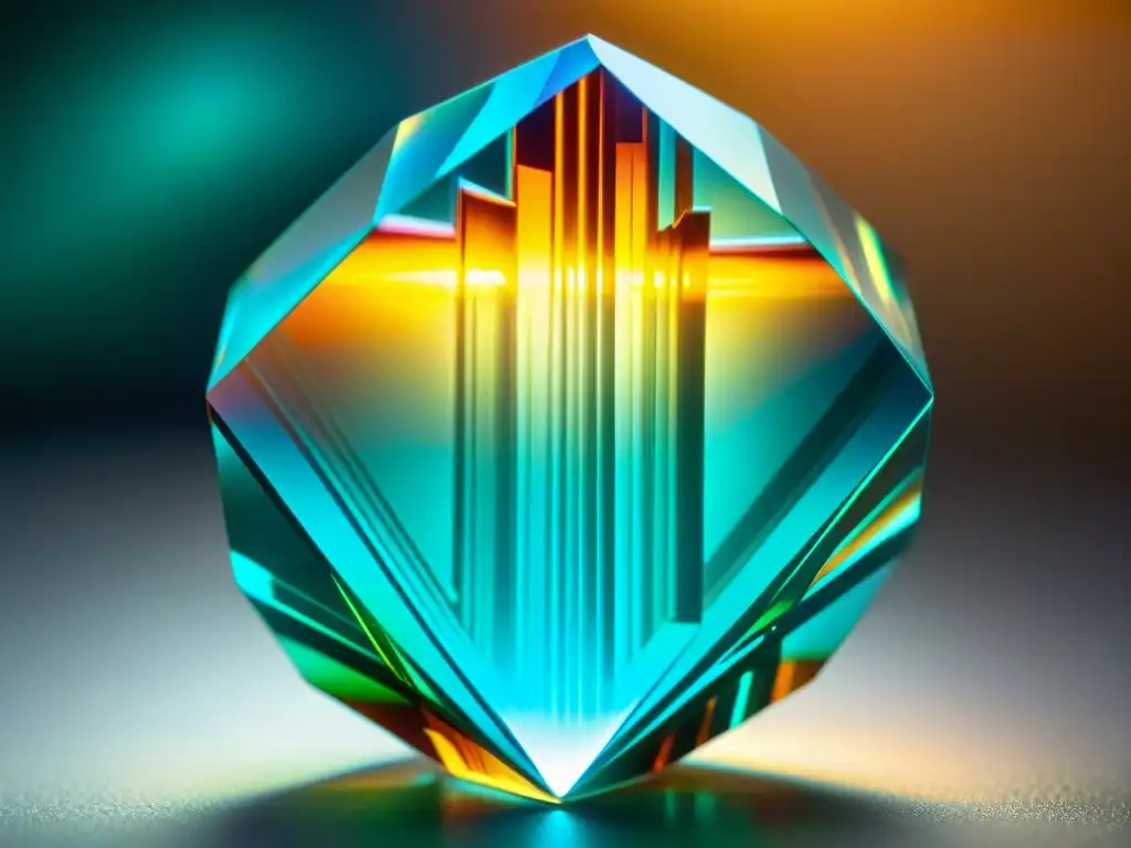 Exuberante cristal de lantano: estructura y colores hipnóticos Un cristal de lantano bajo luz blanca intensa, revelando su estructura geométrica y colores iridiscentes