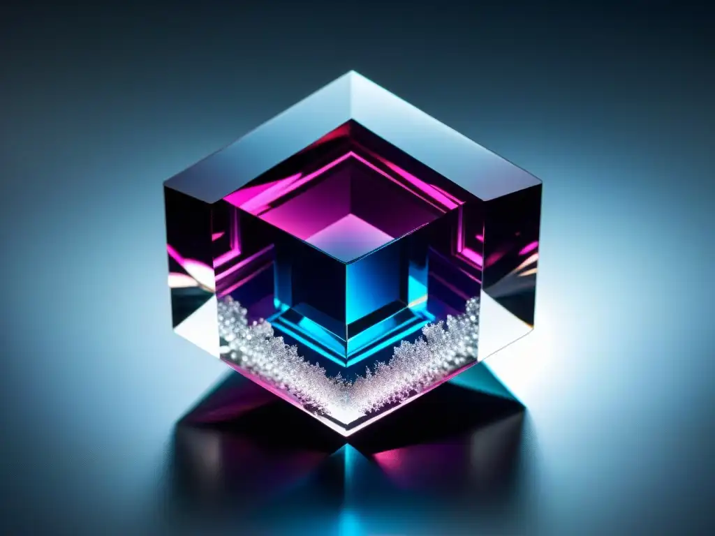 Cristal de yodo reluciente en laboratorio futurista Un cristal reluciente de yodo, clave para el metabolismo, destaca en una superficie futurista, reflejando precisión científica