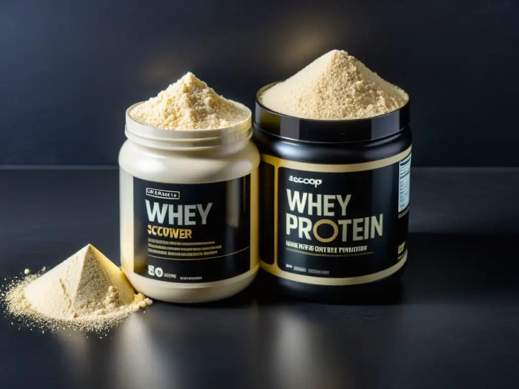 Proteínas de suero y caseína: Detalles en contraste Dos cucharadas de proteína de suero y caseína en un elegante mostrador negro