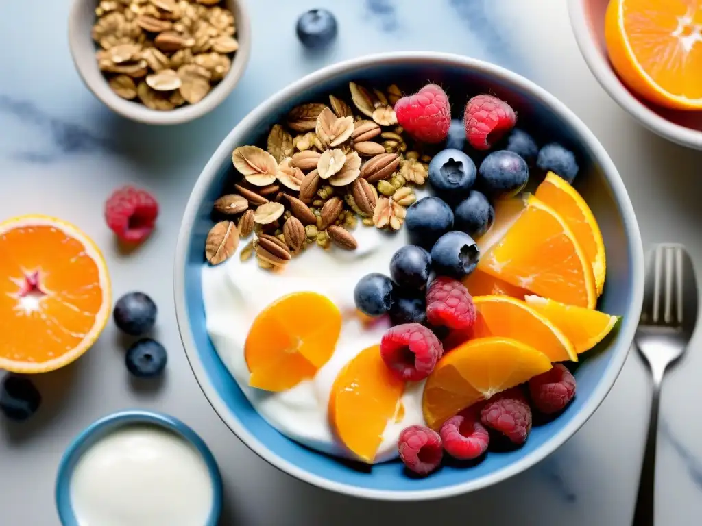 Deliciosa combinación de frutas y yogurt para una alimentación saludable Un cuenco repleto de frutas de alta fibra y yogur probiótico con granola
