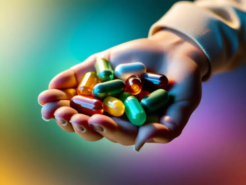 Mano cuidadosa con vitaminas y suplementos coloridos Un cuidadoso arreglo de suplementos para combatir fragilidad vejez, con detalles y texturas meticulosamente detallados, iluminados suavemente
