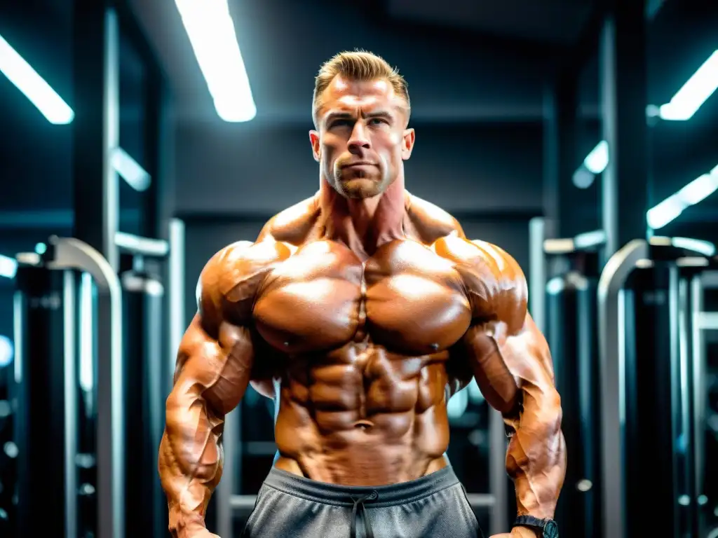 Bodybuilder deslumbrante en gimnasio moderno Un culturista en un gimnasio moderno y elegante, rodeado de equipos de alta tecnología y bañado en una iluminación dramática de alto contraste