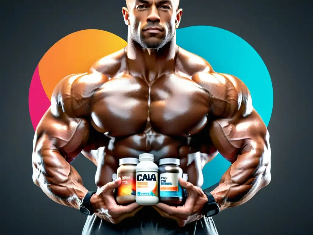 Un culturista con músculos voluminosos rodeado de suplementos nutricionales, transmitiendo dedicación y esfuerzo