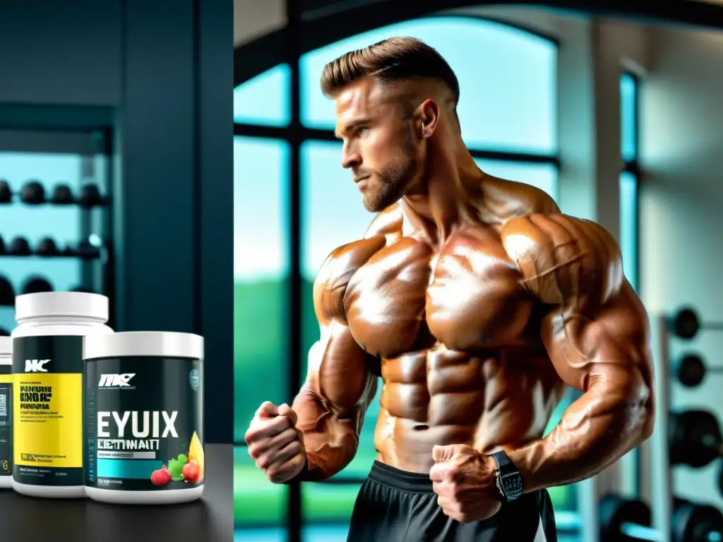 Bodybuilder natural vs Un culturista natural sudoroso se entrena en el gimnasio, junto a suplementos nutricionales bien ordenados
