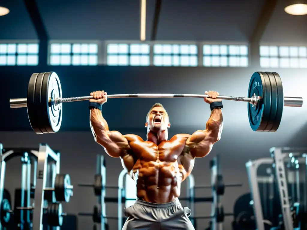 Un culturista levanta pesas en un gimnasio moderno, destacando la fuerza y determinación