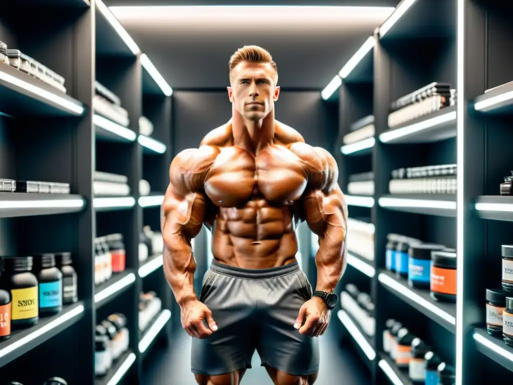 Bodybuilder con suplementos de vanguardia Un culturista profesional en un gimnasio moderno, rodeado de suplementos esenciales para culturistas profesionales en envases futuristas
