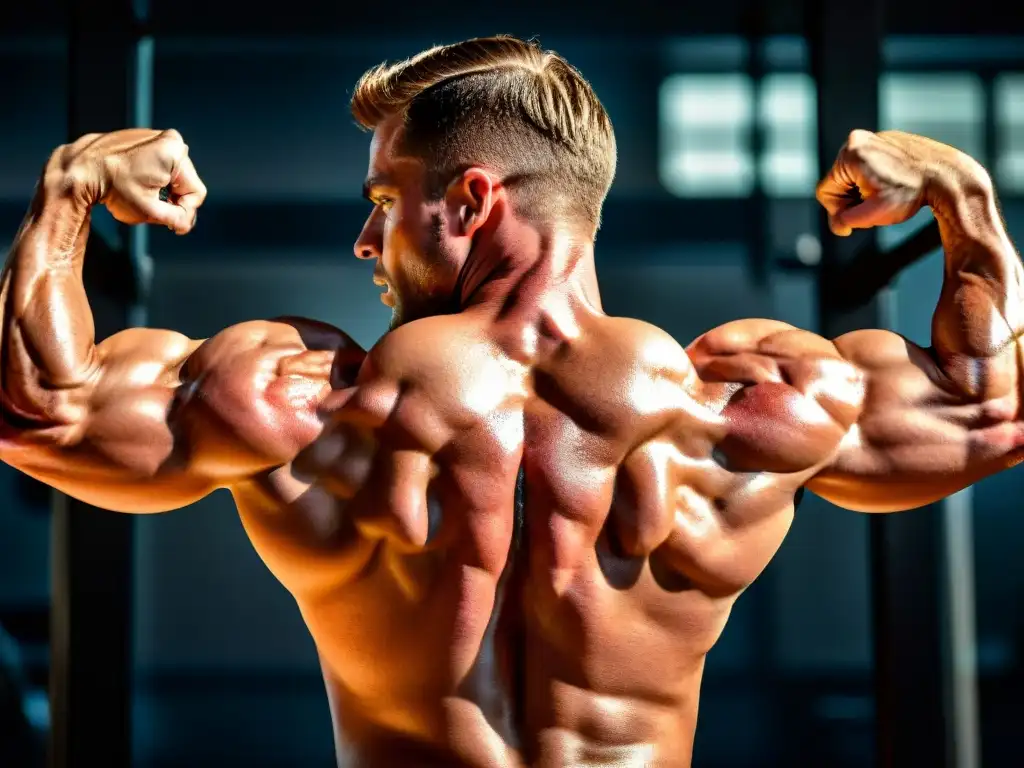 Esculpido poder: la fuerza y el brillo del fisicoculturismo Un culturista sudoroso y musculoso muestra la efectividad de los suplementos para superar mesetas musculares en un gimnasio moderno