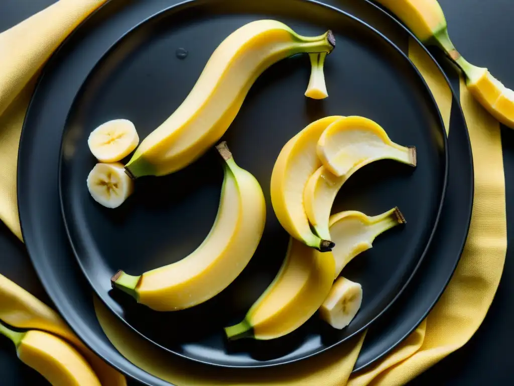 Banana dorada en plato negro: detalle vibrante Delicadas rodajas de plátano maduro en un elegante plato negro, bañadas por la luz natural