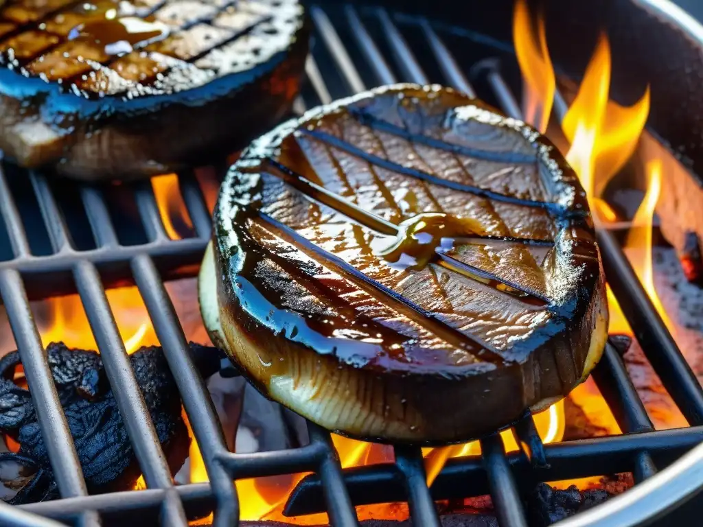 Sabores a la parrilla: hongos y carne jugosa Deliciosas diferencias entre proteínas vegetales y animales: Portobello y carne a la parrilla, con texturas y jugos sizzling