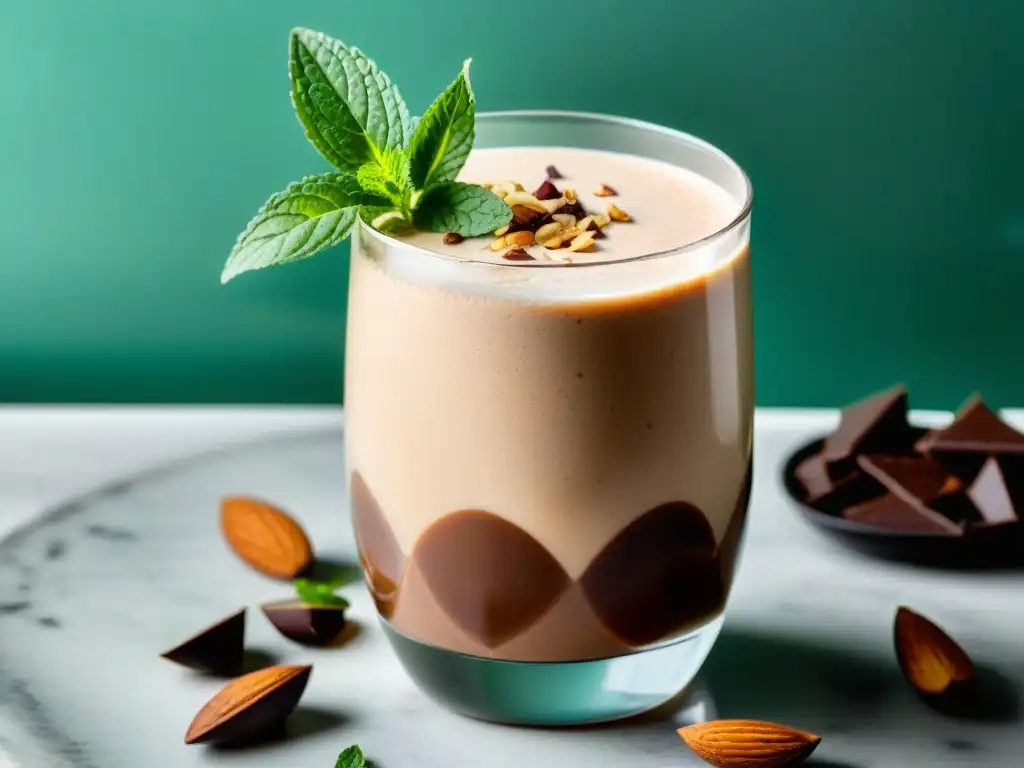 Batido vegano de proteínas: detalle cremoso y tentador Delicioso batido de proteínas veganas con cacao y menta en elegante cristal sobre encimera de mármol