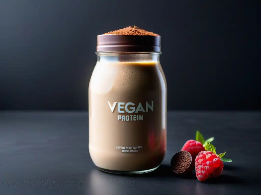 Batido vegano de proteínas con cacao y frambuesas en frasco moderno Delicioso batido vegano con cacao y frambuesas en botella de vidrio moderna