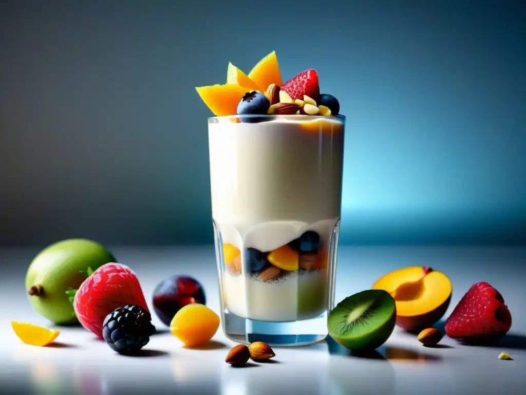 Batido vegano: textura cremosa y frutas vibrantes Delicioso batido vegano con frutas y nueces, reflejando luz, para comparativa batidos proteínas veganas