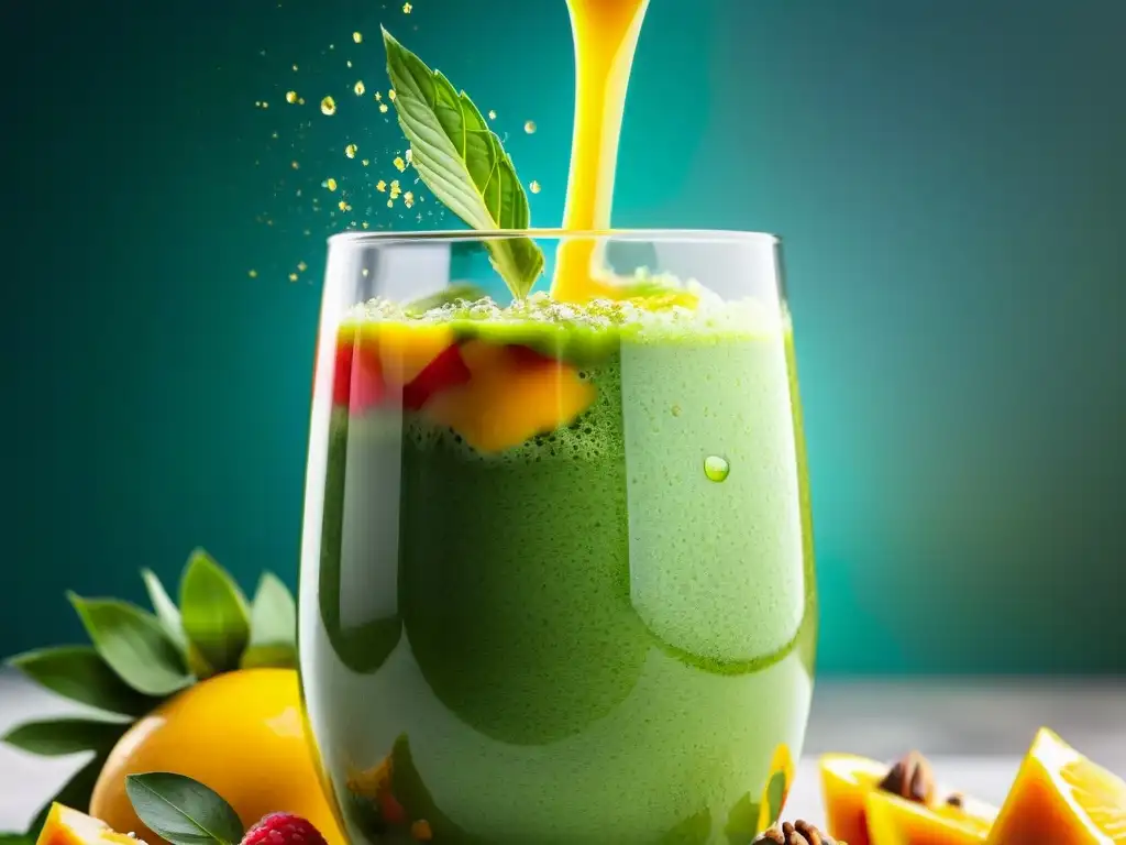 Refrescante smoothie verde con frutas vibrantes y semillas Un delicioso batido verde con frutas y semillas, listo para disfrutar