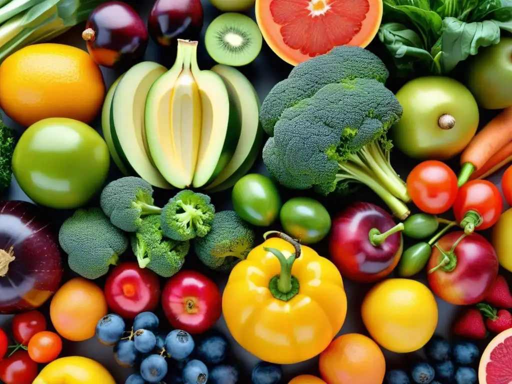 Vibrante variedad de frutas y verduras para la dieta diabética Una deslumbrante exhibición de frutas y verduras coloridas y nutritivas que resaltan la importancia de los suplementos nutricionales para diabéticos