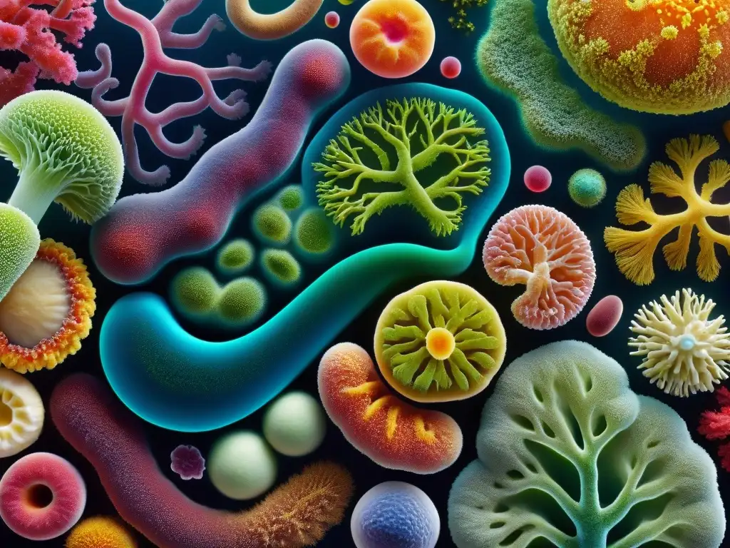 Microbiota intestinal: diversidad y colorido en detalle Una representación detallada de la diversa microbiota intestinal humana, resaltando su complejidad