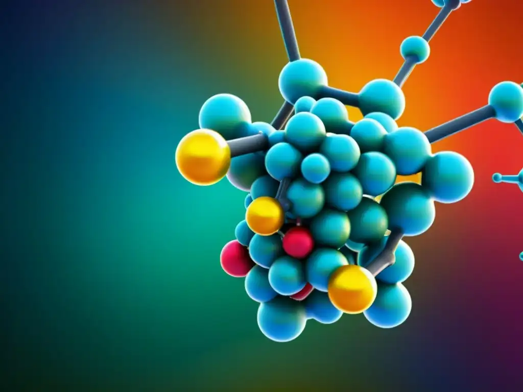 Estructura molecular de Coenzima Q10: detalle vibrante y científico Detallada estructura molecular de Coenzima Q10 para dolor crónico, resaltando su complejidad química con colores vibrantes