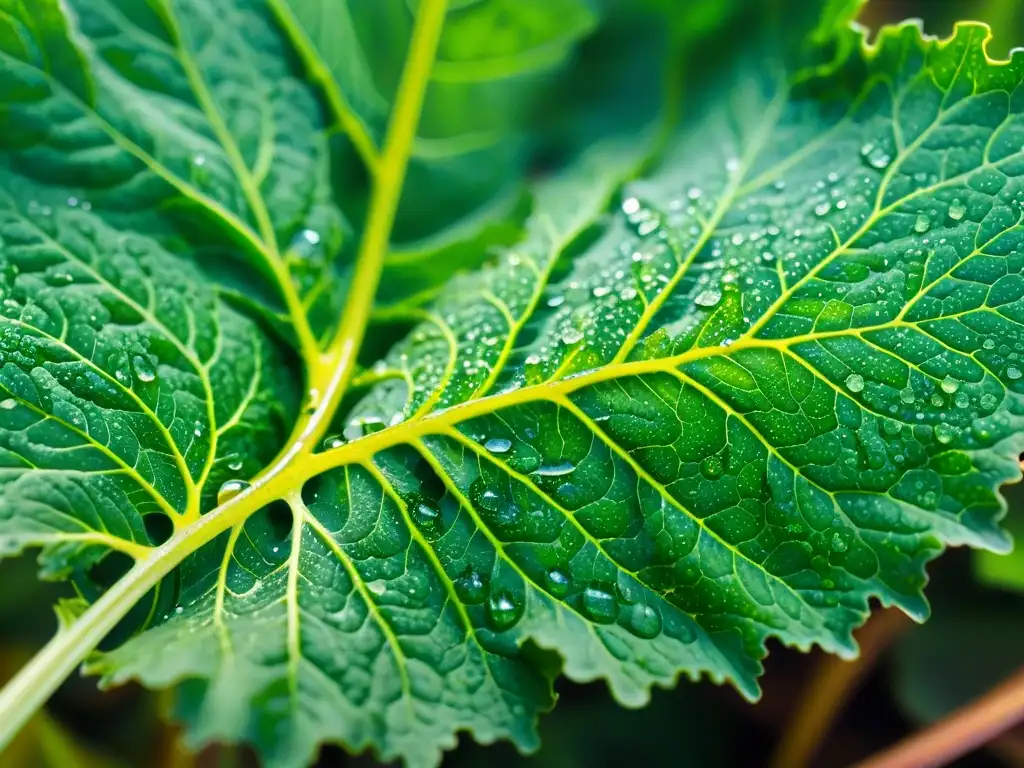 Detalles asombrosos de una hoja de col rizada verde con gotas de agua Detallada hoja de kale verde con gotas de agua, venas visibles y textura finamente detallada