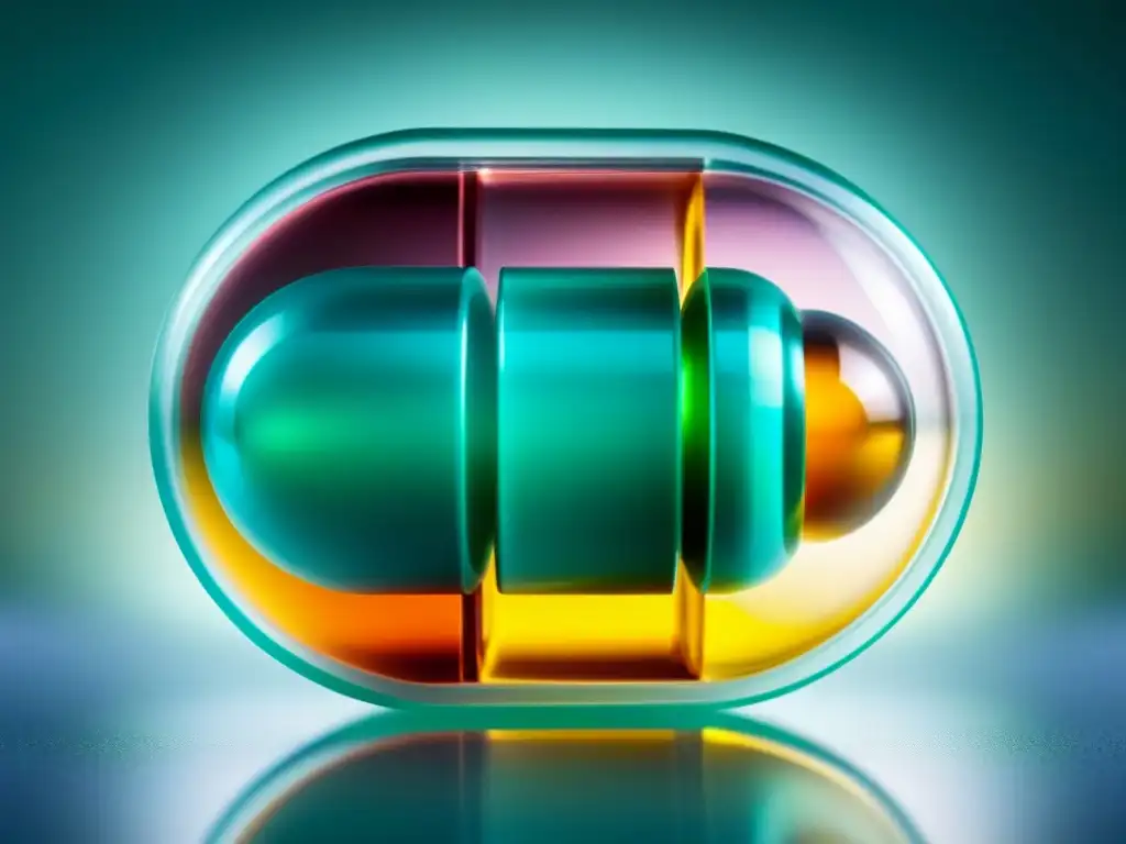 Detalles increíbles de cápsula de medicamento de liberación prolongada Detallada imagen de una cápsula dividida, mostrando sus ingredientes clave suplementos liberación prolongada en capas de colores y texturas
