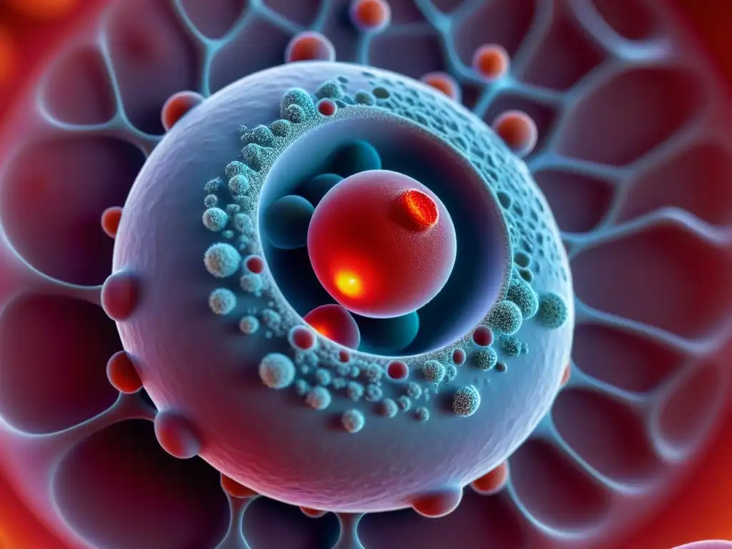 Detallada imagen de una célula sanguínea roja con la estructura de la vitamina B12 integrada, rodeada de moléculas de homocisteína