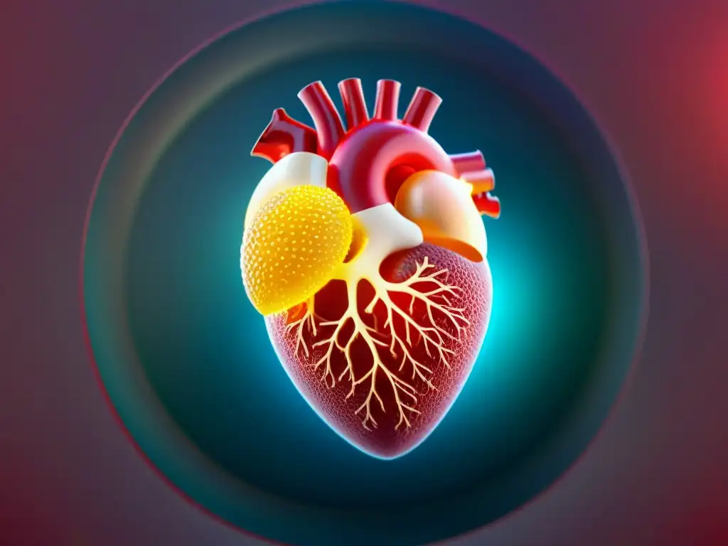 Corazón saludable brillante junto a Coenzima Q10 Detallada imagen de un corazón saludable rodeado de una cápsula de Coenzima Q10, resaltando sus beneficios para el corazón