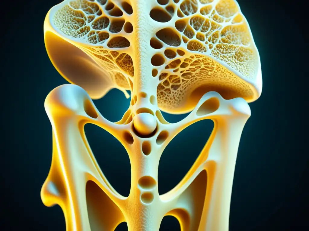 Estructura ósea vital: detalle ultrarresplandeciente Detallada imagen de una estructura ósea saludable, con red de calcio y fibras de colágeno, irradiando vitalidad en un fondo oscuro futurista