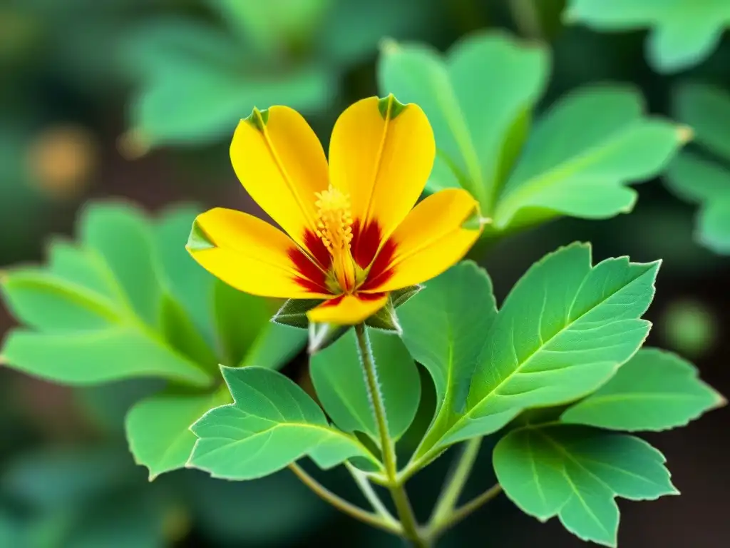 Una detallada imagen de una flor de Tribulus Terrestris, con vibrantes pétalos amarillos y un estambre intrincado, resaltando la belleza natural y complejidad botánica de la planta