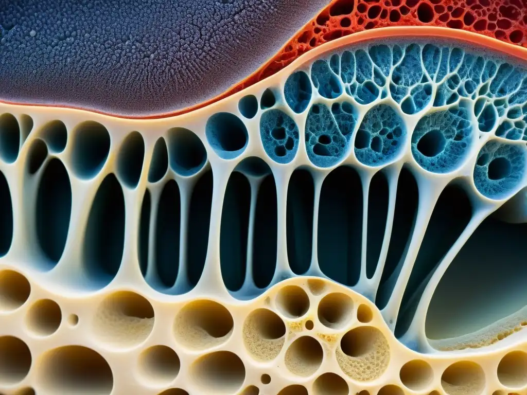 Microestructura ósea: detalle ultra Detallada imagen de la microestructura de un hueso humano, destaca la red de tejido óseo y vasos sanguíneos