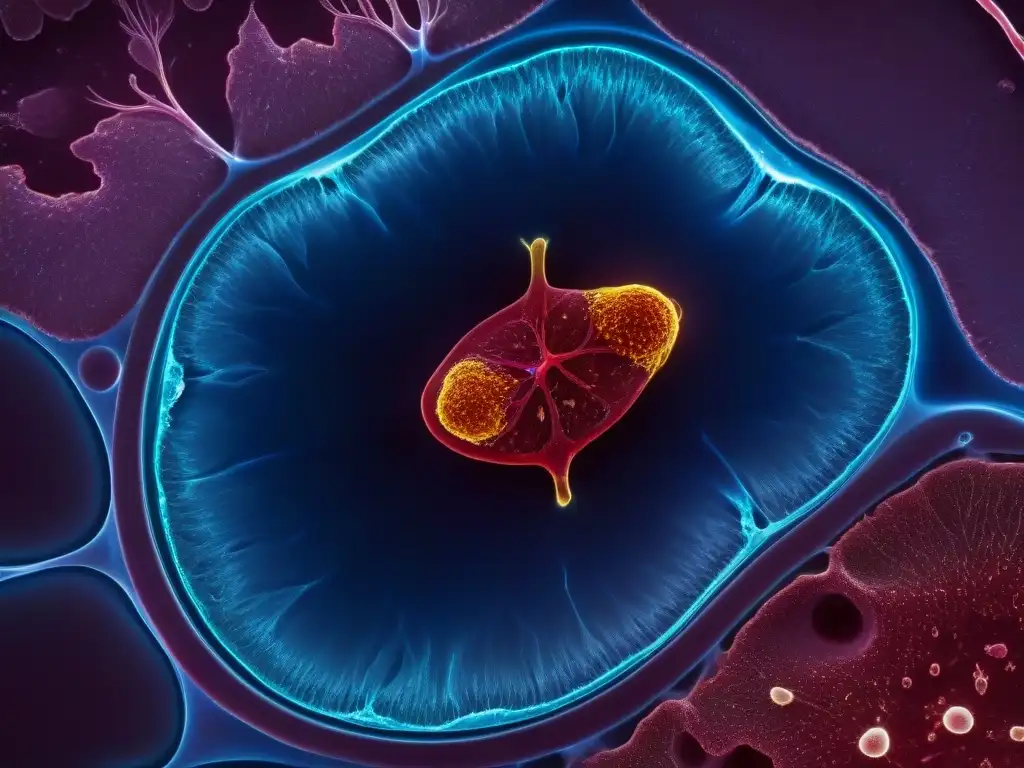 Microscopio revela daño hepático por suplementos Detallada imagen microscópica de un hígado dañado, ilustrando riesgos suplementos daño hepático con inflamación, fibrosis y daño celular