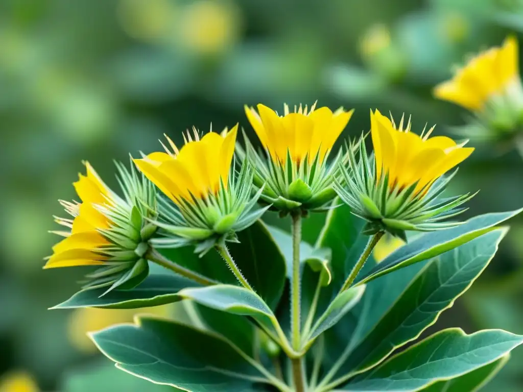 Detallada imagen de una sola planta de Tribulus Terrestris, con hojas verdes espinosas y flores amarillas vibrantes