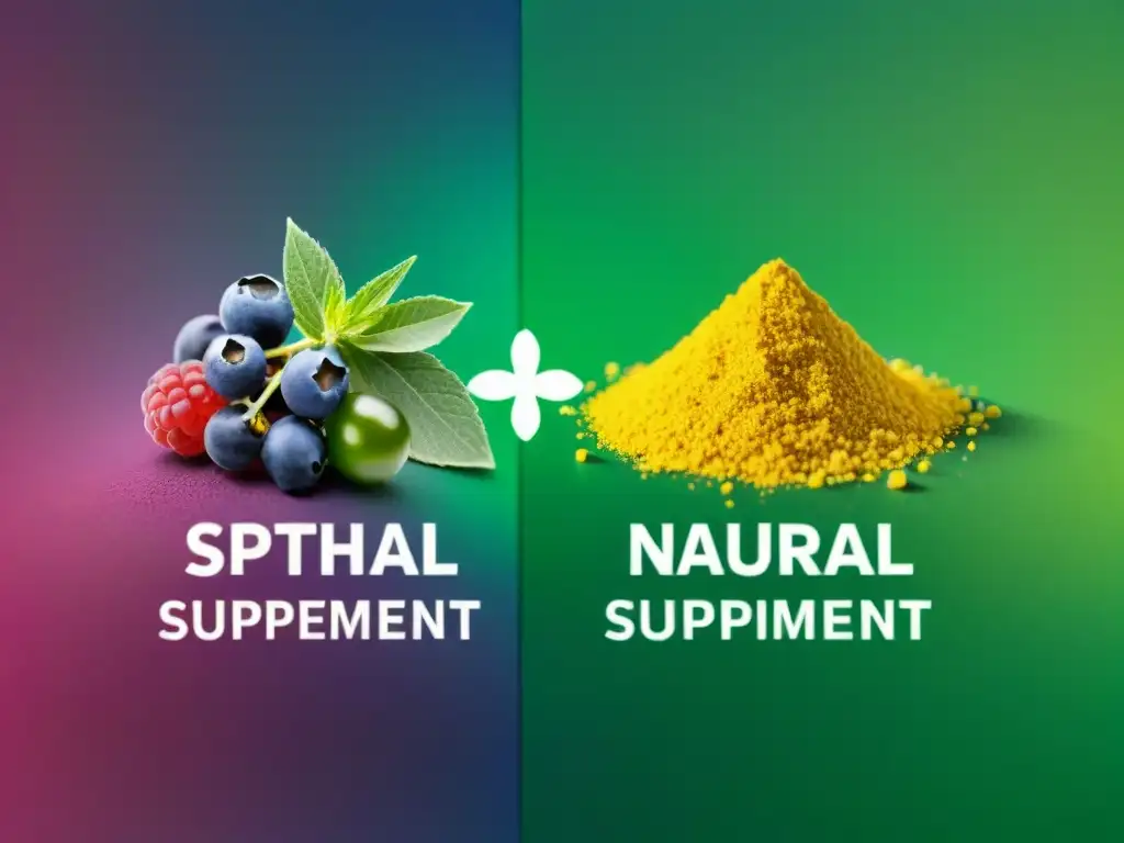 Comparación de suplementos: natural vs Comparación detallada en pantalla dividida de ingredientes de suplementos naturales y sintéticos, destacando la diferencia en impacto en el cuerpo
