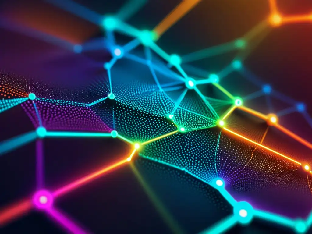 Visualización blockchain: Red futurista en colores vibrantes Visualización detallada de una red blockchain con nodos interconectados en colores vibrantes y patrones futuristas